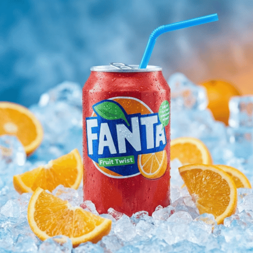 Eine leuchtend rote Dose Fanta Fruit Twist steht in einem kühlen Bett aus zerstoßenem Eis. Frische Orangenscheiben liegen dekorativ um die Dose herum, und ein blauer, gebogener Trinkhalm steckt in der Öffnung. Das Ambiente ist in erfrischenden Blau- und Orangetönen gehalten.