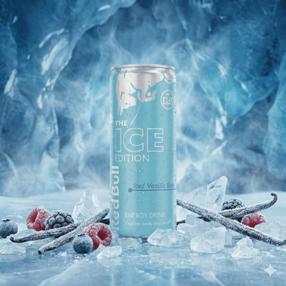 Hellblaue Dose Red Bull The Ice Edition (Iced Vanilla Berry) eingebettet in eine kristalline Eislandschaft mit gefrorenen Blaubeeren, Himbeeren und Vanilleschoten – Exklusiver Energy-Genuss bei Lustladen24.