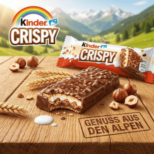 Produktfoto Kinder Crispy: Ein angebrochener Riegel zeigt die cremige Haselnuss-Füllung auf rustikalem Holz vor Alpenkulisse – Fokus auf Textur und Frische.