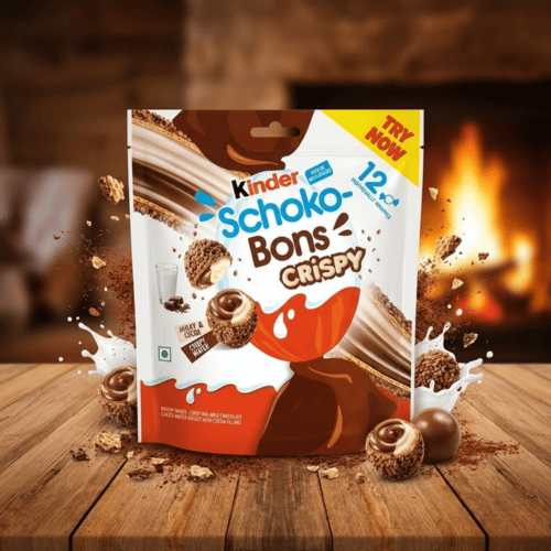 Kinder Schoko-Bons Crispy 67,2g Packung bei Lustladen24, 12 einzeln verpackte Bons mit Milch-Kakao-Kern und Knusper-Waffel, exklusiver Import, MHD 11.07.2026.