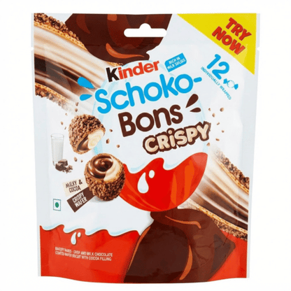 Kinder Schoko-Bons Crispy 67,2g Packung bei Lustladen24, 12 einzeln verpackte Bons mit Milch-Kakao-Kern und Knusper-Waffel, exklusiver Import, MHD 11.07.2026.
