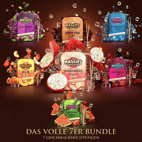 Massiv's Zahnstocher 7er Bundle – alle 7 Sorten in Metalldosen: Ghetto Cola, Blaulicht, Black Lebanese, Big M, Bruderherz, Nightkiller, Sommer in Beirut