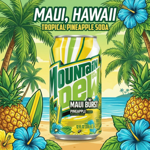 Eine farbenfrohe Cartoon-Illustration zeigt eine Dose Mountain Dew Maui Burst, platziert auf einem tropischen Sandstrand. Die Dose ist umgeben von Ananasfrüchten, blauen und gelben Hibiskusblüten, Palmblättern und Surfbrettern. Im Hintergrund sind Palmen, das blaue Meer und entfernte Inseln unter einem sonnigen Himmel zu sehen. Am oberen Bildrand steht in großer Schrift "MAUI, HAWAII" und darunter "TROPICAL PINEAPPLE SODA".