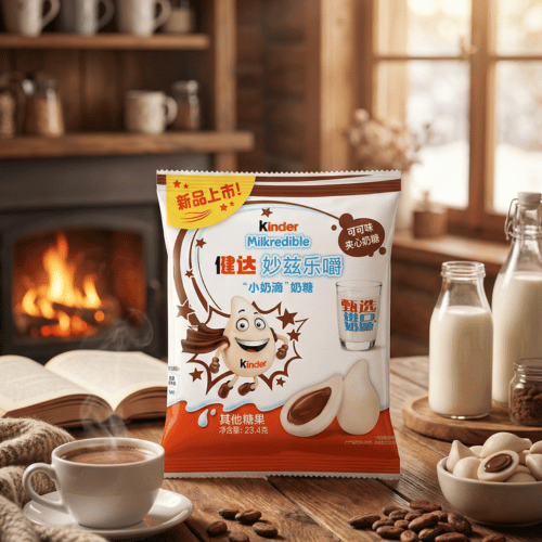 erpackung der Kinder Milkredible (23,4g) auf einem Holztisch vor einem brennenden Kamin. Geöffnete Milch-Drops mit flüssigem Kakaokern und eine Tasse heißer Kakao sind dekorativ arrangiert.