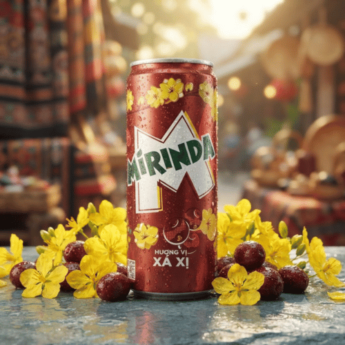 Mirinda Sarsi Xá Xị 330 ml Dose Vietnam Import – rote Dose mit gelben Blüten, Root-Beer-Geschmack, Lustladen24