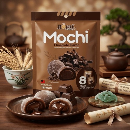 Royal Family Mochi Chocolate Flavor 120g, 8 Stück, MHD 13.12.26, zartschmelzende Schokoladenfüllung, taiwanesische Konfektkunst.