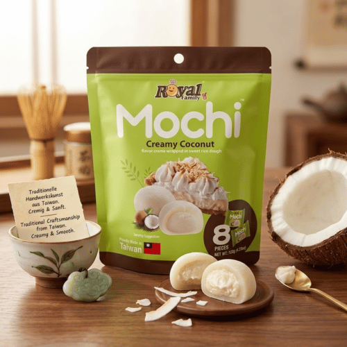 Royal Family Mochi Creamy Coconut 120g, 8 Stück, MHD 01.09.26, authentisches Taiwan-Dessert mit Kokosfüllung.