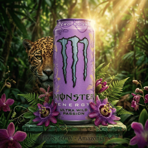 Lila 473ml Dose Monster Energy Ultra Wild Passion Zero Sugar mit floralem Dschungel-Muster auf reinweißem Hintergrund, Produktfotografie Lustladen24.