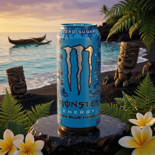 Eine Nahaufnahme der Vorderseite der hellblauen Monster Energy Ultra Blue Hawaiian Zero Sugar Dose. Die Dose ist mit einem aufwendigen polynesischen Tiki-Design mit dunkelblauen Masken, Hula-Tänzern, Wellen und Palmblattmustern verziert. Das große, schwarze Monster Claw 'M'-Logo ist prominent in der Mitte platziert, über dem Text 'MONSTER ENERGY' und 'ULTRA BLUE HAWAIIAN'. Oben steht 'ZERO SUGAR'. Die blaue Farbe ist lebendig und die Dose glänzt leicht.