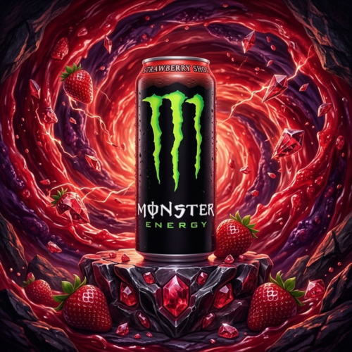 Monster Energy Strawberry Shot Dose 473ml, schwarz mit grünem Logo (