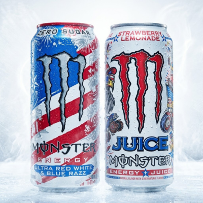 Monster Energy Bundle 2 Dosen, Ultra Red White Blue Razz und Juice Strawberry Lemonade (