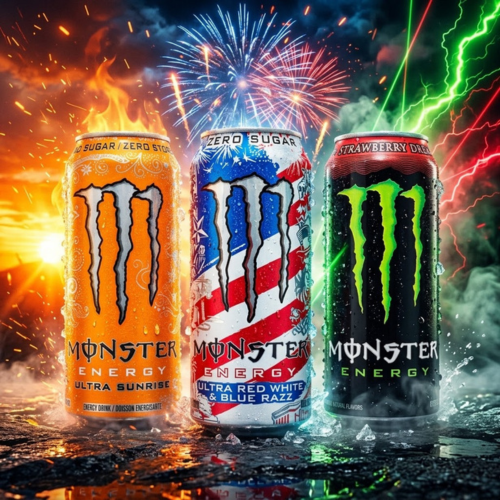Monster Energy Ultra Sunrise, Ultra Red White & Blue Razz und Strawberry Shot Dosen
