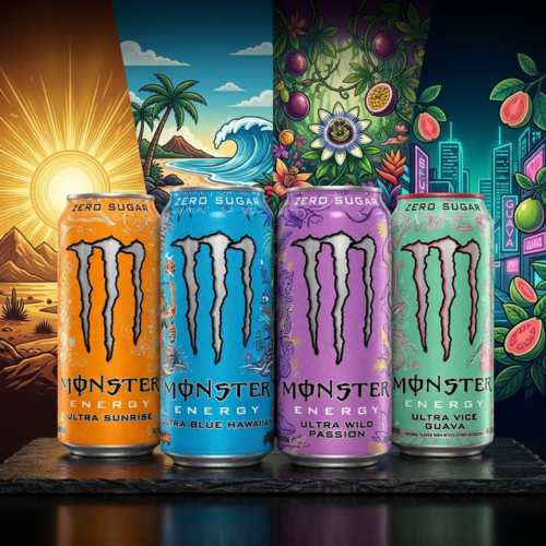 Monster Ultra Zero Sugar 4er Bundle Dosen, Sunrise Blue Hawaiian Wild Passion Vice Guava
