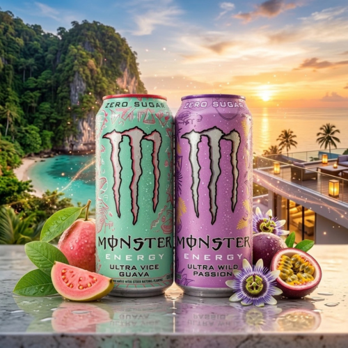 Monster Ultra Vice Guava und Ultra Wild Passion Zero Sugar Dosen nebeneinander