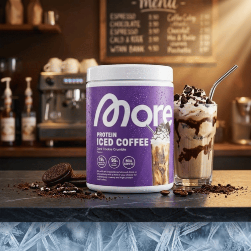  MORE Protein Iced Coffee Dark Cookie Crumble Dose, 300 g, proteinreicher Eiskaffee