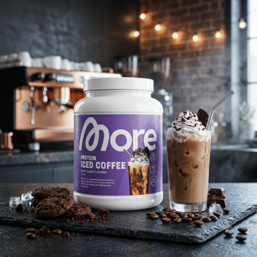 MORE Protein Iced Coffee Dark Cookie Crumble Dose, 500 g, proteinreicher Eiskaffee