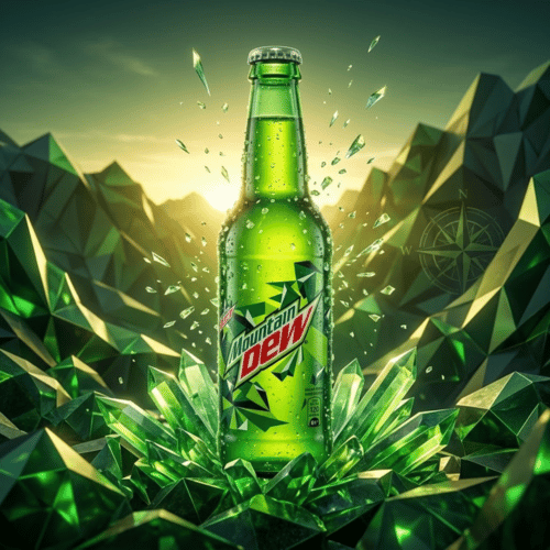  Mountain Dew 250 ml Glasflasche – Iran-Import in der ikonischen
  grünen Glasflasche, umgeben von smaragdgrünen Kristallen