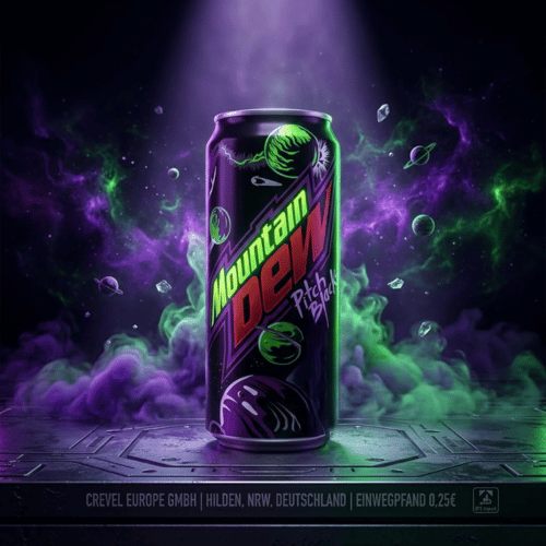 Nahaufnahme einer aufrecht stehenden schwarzen Mountain Dew Pitch Black Koffein-Getränkedose mit lila-grünem Weltraum-Label auf einer Marmoroberfläche.