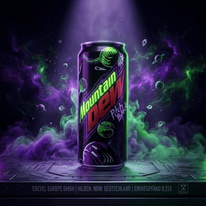 Nahaufnahme einer aufrecht stehenden schwarzen Mountain Dew Pitch Black Koffein-Getränkedose mit lila-grünem Weltraum-Label auf einer Marmoroberfläche.
