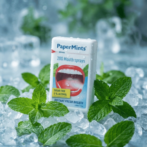 Ein weißes PaperMints Mundspray-Fläschchen ("200 Mouth sprays") liegt auf einem Bett aus klaren Eiswürfeln, umgeben von frischen grünen Minzblättern. Wassertropfen auf der Verpackung unterstreichen die kühlende Wirkung.