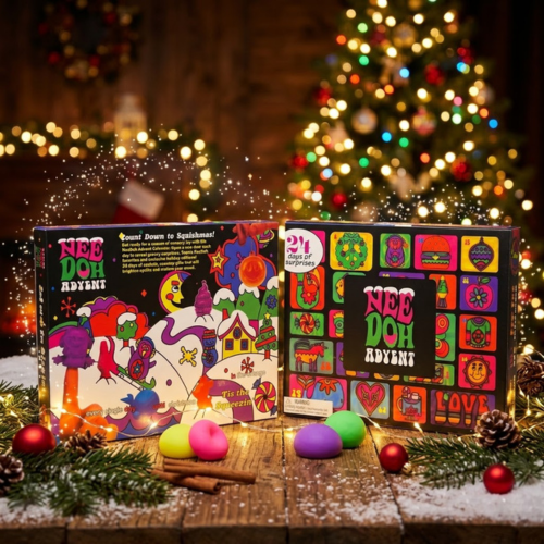 NeeDoh Adventskalender Verpackung mit buntem Retro-Design und 24 Türchen