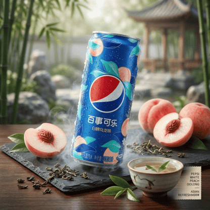 Eiskalte Pepsi White Peach Oolong Dose in einem asiatischen Garten-Setting, flankiert von frischen, halbierten Pfirsichen, Oolong-Teeblättern und einer traditionellen Teetasse.