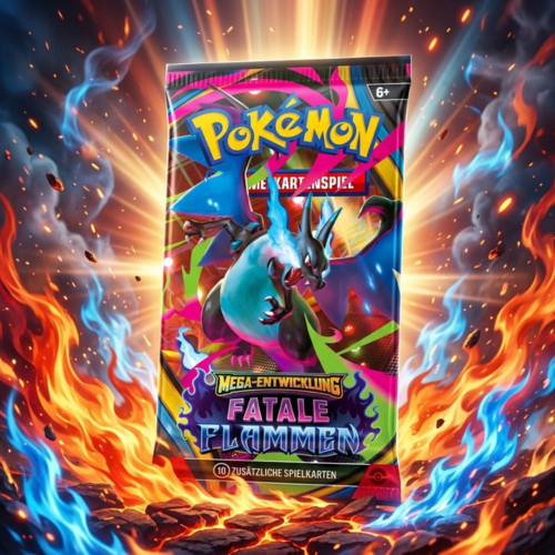 Pokémon Booster Mega-Entwicklung Fatale Flammen mit Mega-Glurak X auf der Verpackung