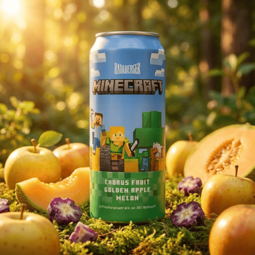 Grüne Minecraft-Getränkedose mit Spielfiguren-Design, umgeben von Äpfeln, Melonen und lila Chorus-Früchten im sonnigen Wald.