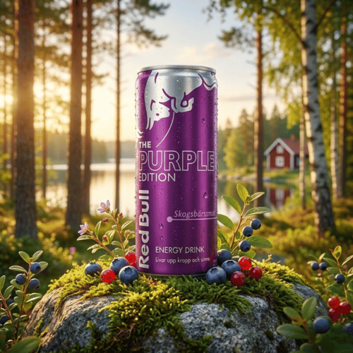 Eine violette Dose Red Bull The Purple Edition steht prominent auf einem bemoosten Felsen in einer idyllischen schwedischen Waldlandschaft. Im Hintergrund glitzert ein See im warmen Licht der tiefstehenden Sonne, umrahmt von Birken und einem typisch roten Schwedenhaus. Frische Blaubeeren und Preiselbeeren liegen dekorativ um die Dose verteilt, während feine Wassertropfen auf der Dose die eisgekühlte Frische betonen.