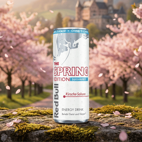 Red Bull Spring Edition Sugarfree Kirsche-Sakura Energy Drink Dose auf einem moosbewachsenen Stein, umgeben von einer blühenden Kirschbaumallee und fallenden Blütenblättern, mit einem historischen Schloss im Hintergrund in einer deutschen Frühlingslandschaft.