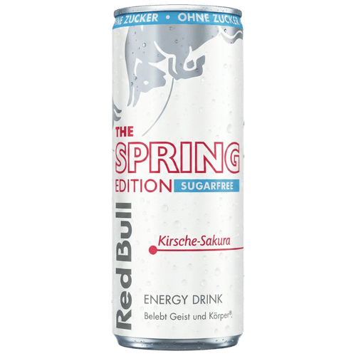 Produktansicht der Red Bull Spring Edition Sugarfree Kirsche-Sakura in der 250ml Dose. Die zuckerfreie Limited Edition kombiniert das Aroma japanischer Kirschblüten mit funktionalen Inhaltsstoffen wie Koffein und Taurin zur Vitalisierung von Geist und Körper.