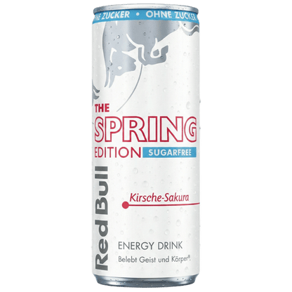 Produktansicht der Red Bull Spring Edition Sugarfree Kirsche-Sakura in der 250ml Dose. Die zuckerfreie Limited Edition kombiniert das Aroma japanischer Kirschblüten mit funktionalen Inhaltsstoffen wie Koffein und Taurin zur Vitalisierung von Geist und Körper.