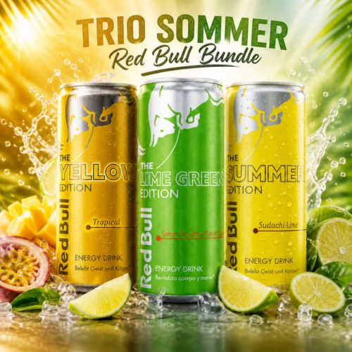 
Red Bull Trio Summer Bundle – 3 x 250ml: Yellow Edition Tropical, Lime Green Curuba & Holunderblüte und Summer Edition 2026 Sudachi-Lime
