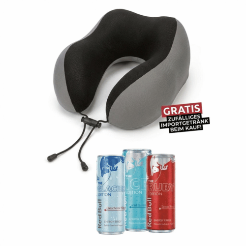 Ergonomisches Reise-Nackenkissen in Grau-Schwarz mit Kordelzug inklusive ein zufälliges Import Getränk