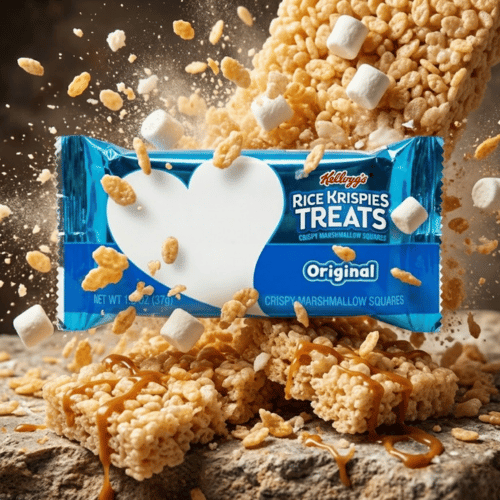 Kellogg's Rice Krispies Treats Original Riegel in blauer Verpackung, dynamisch inszeniert mit fliegendem Puffreis, Mini-Marshmallows und Riegel-Stücken mit Karamell-Drizzle.