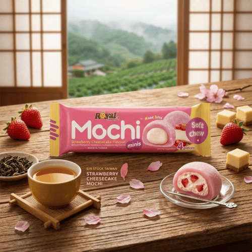 Vorderansicht der rosafarbenen Verpackung von Royal Family Mochi Minis in der Geschmacksrichtung Strawberry Cheesecake (40g). Das Design zeigt zwei gefüllte, rosa Reiskuchen sowie die Aufschriften 'Made in Taiwan', 'Soft chew' und '4 pieces'.