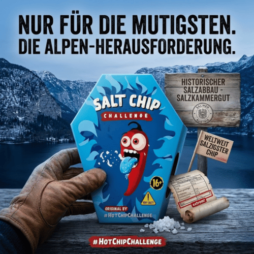 Eine Hand in einem braunen Lederhandschuh präsentiert die blaue Salt Chip Challenge Sarg-Box vor einer spektakulären alpinen Seekulisse – das ultimative Outdoor-Abenteuer.