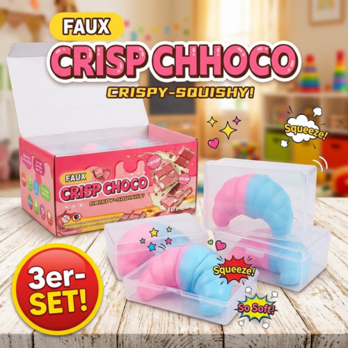 Schoko Croissant Squishy in Rosa und Hellblau in transparenter Aufbewahrungsbox