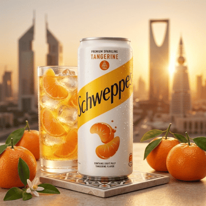 Schweppes Tangerine Dose umgeben von saftigen Mandarinenspalten in sonniger Wüsten-Atmosphäre
