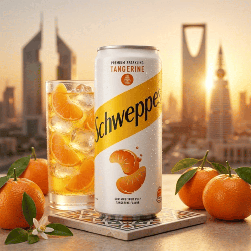 Schweppes Tangerine Dose umgeben von saftigen Mandarinenspalten in sonniger Wüsten-Atmosphäre