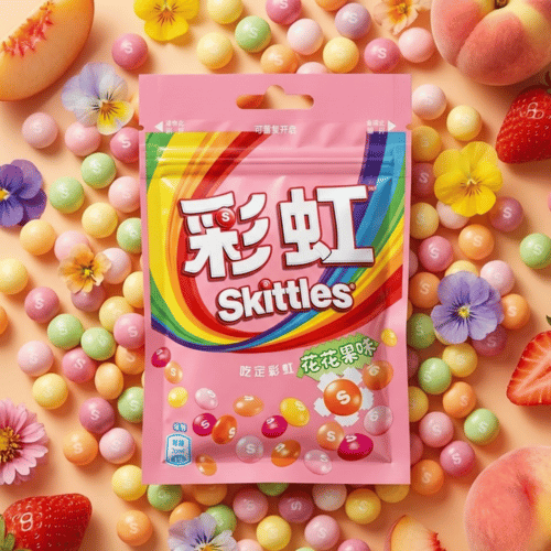 Skittles Floral Asia Edition 40g Packung in Rosa mit chinesischen Schriftzeichen, umgeben von floralen Elementen wie Blüten sowie frischen Pfirsichen und Erdbeeren.