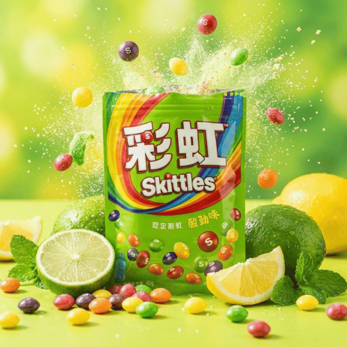 Geöffnete Skittles Sour Asia Edition Packung (40g) in leuchtendem Grün, umgeben von frischen Limetten, Zitronen und herausspringenden bunten Kaubonbons.