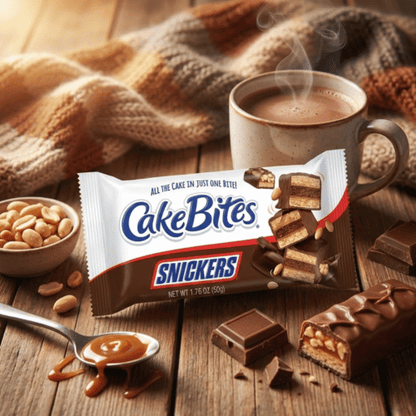 CakeBites Snickers (50g) bei Lustladen24: Erleben Sie die perfekte Fusion aus saftigem Cake, Crunch-Erdnüssen und Karamell. Jetzt den 50g-Premium-Snack sichern!