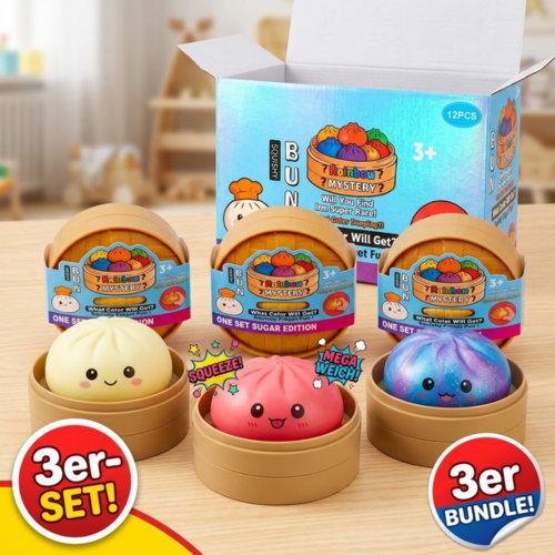 Squishy Bun Rainbow Mystery im goldbraunen Dampfkorb mit blauem Etikett