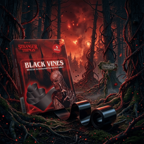 Stranger Things Black Vines Produktverpackung der Mind Lair Edition vor einer düsteren Waldkulisse mit einer ausgerollten, tiefschwarzen Fruchtgummi-Schlange.