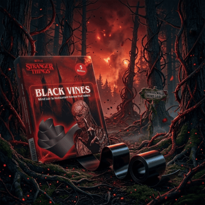 Stranger Things Black Vines Produktverpackung der Mind Lair Edition vor einer düsteren Waldkulisse mit einer ausgerollten, tiefschwarzen Fruchtgummi-Schlange.