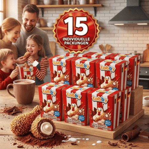 Produktpräsentation des Tabby Chicken Big Bundles bestehend aus 15 einzeln verpackten Kartons mit Hähnchen-Motiv vor einer Familie in einer gemütlichen Küche.