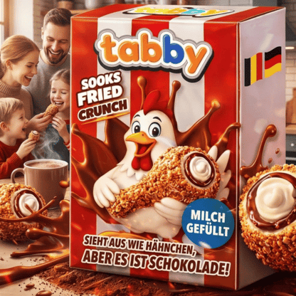 Tabby Chicken Chocolate Produktverpackung bei Lustladen24 – Virale Süßigkeit in Optik eines Fried Chicken Hähnchenschenkels mit knuspriger Panade und cremiger Milchfüllung.