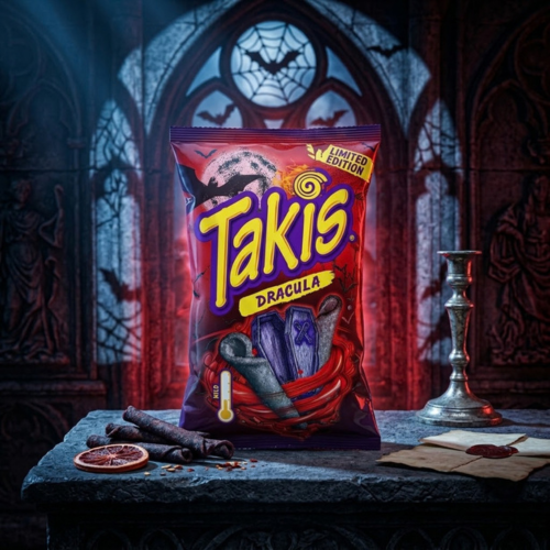 Takis Dracula Teriyaki Tüte, limitierte Edition mit Sargmotiv