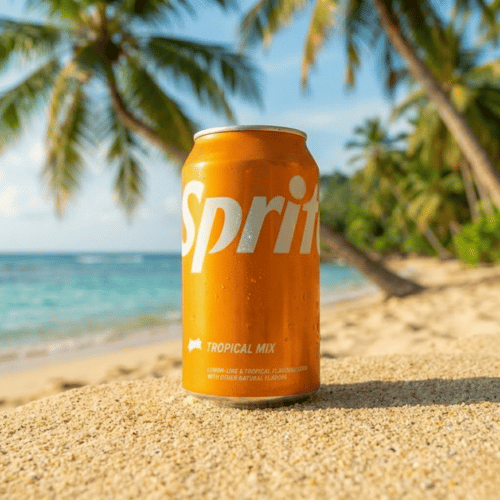 Eine orangefarbene Dose Sprite Tropical Mix steht im hellen Sand an einem traumhaften tropischen Strand. Im Hintergrund sieht man das kristallklare, türkisfarbene Meer und grüne Palmen unter einem strahlend blauen Himmel.